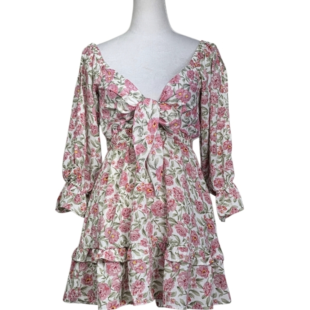 Woven Pink Floral Bow Front Mini Dress Cottagecore Medium
